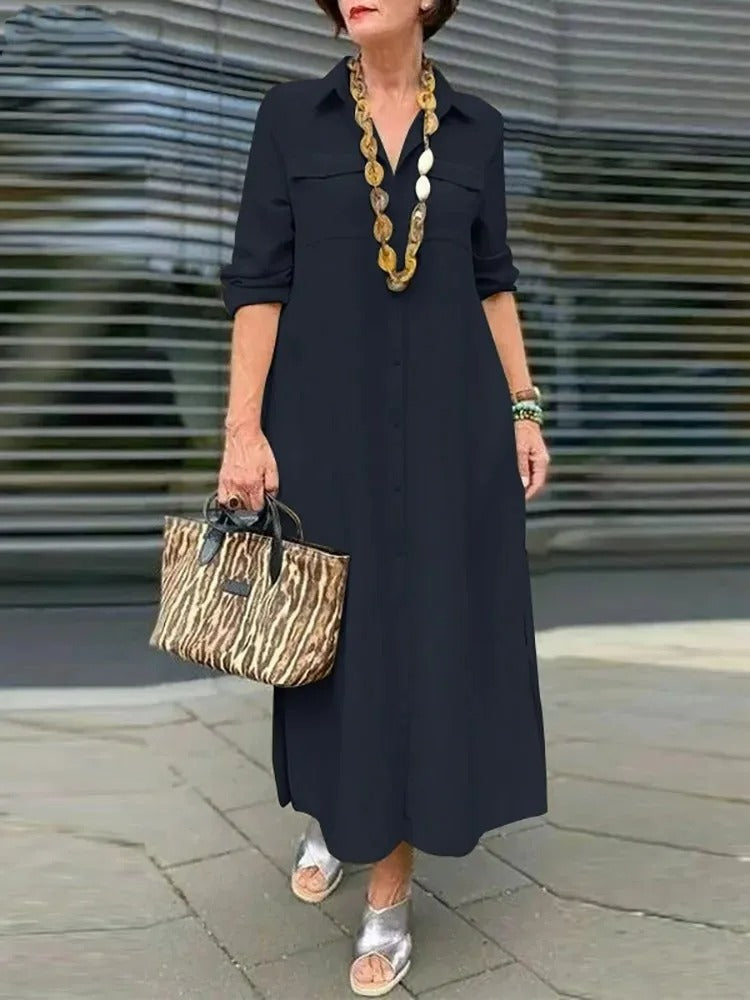 NIMA Elegante blauwe eenvoudige v-hals blousejurk