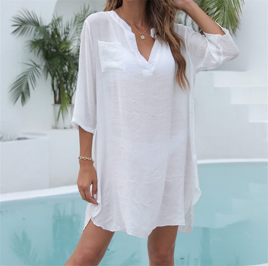 NIMA zwarte eenvoudige knoop revers lange zomer blouse