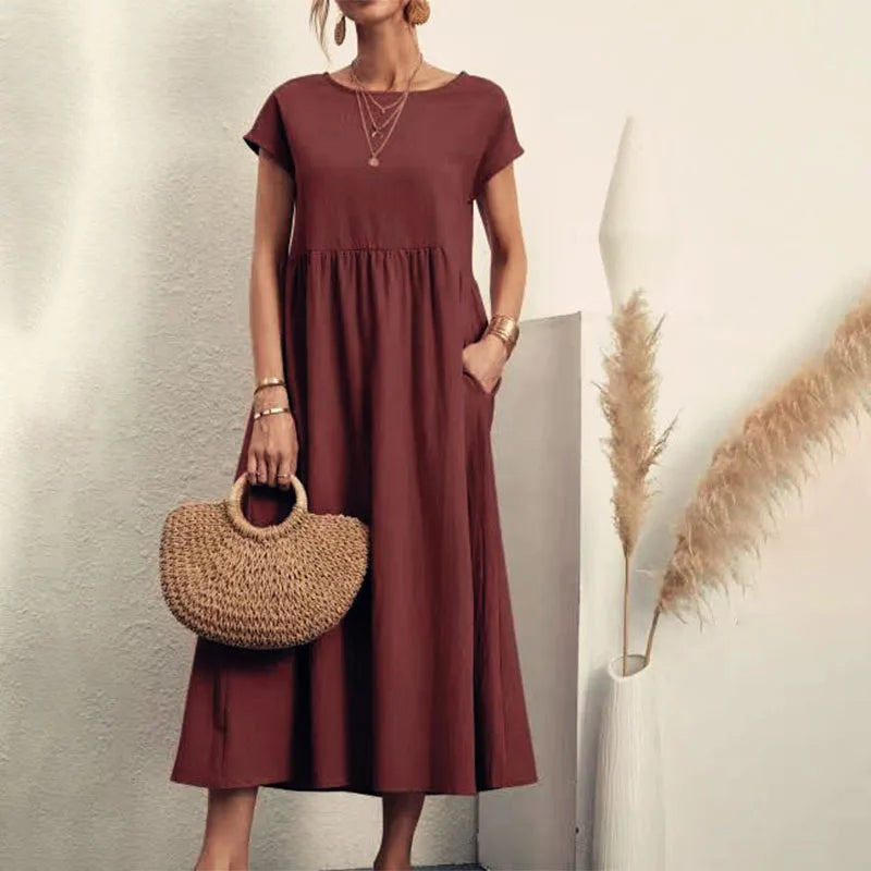 NIMA elegant comfortable linen dress with round neckline