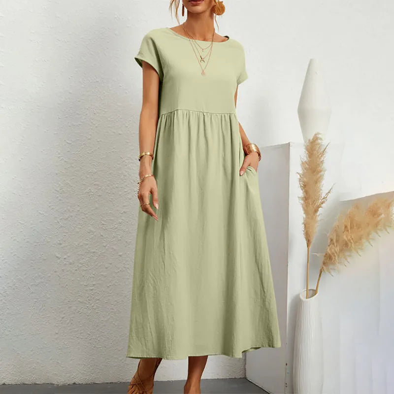 NIMA elegant comfortable linen dress Whiteh round neckline
