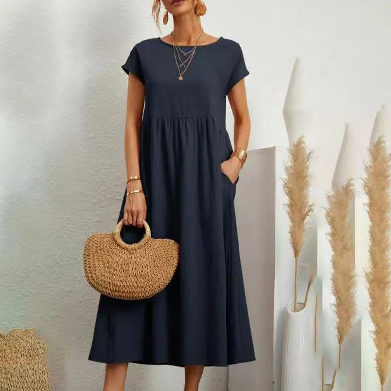 NIMA elegant comfortable linen dress with round neckline