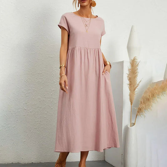 NIMA elegant comfortable linen dress Whiteh round neckline
