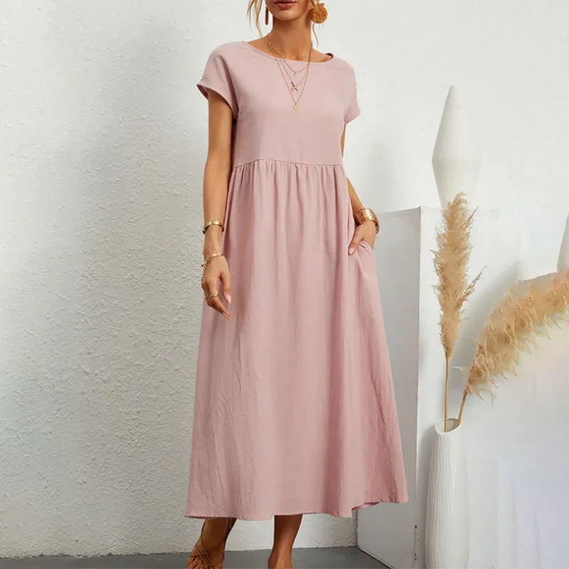 NIMA elegant comfortable linen dress with round neckline