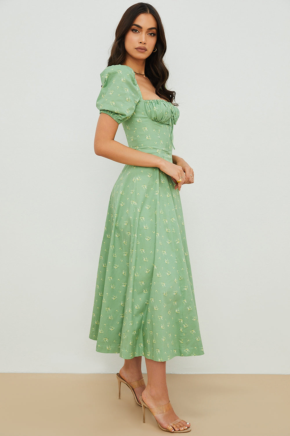NIMA Midi zonnejurk met bloemenpofmouwen
