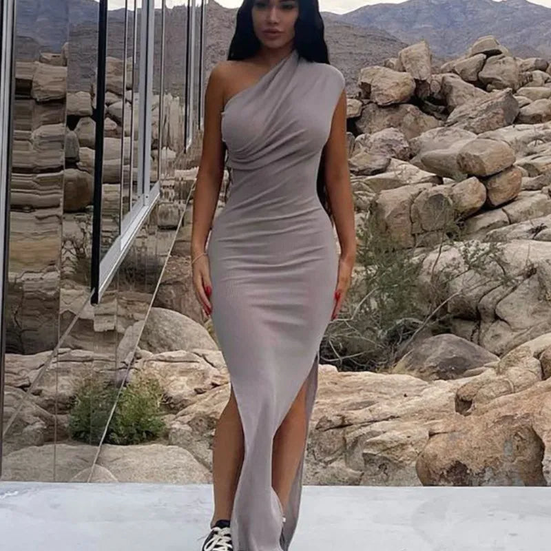 NIMA Side slits plain colour cocktail dress with one shoulder