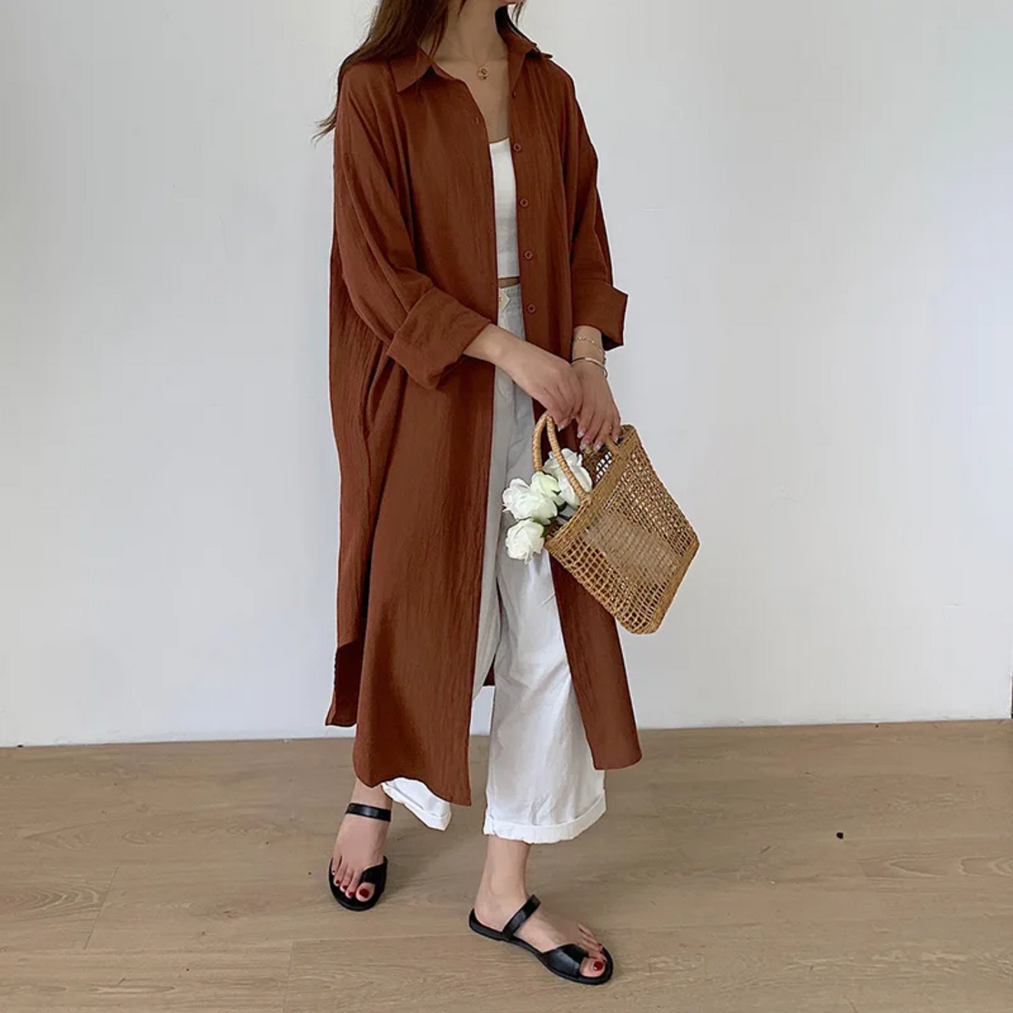 NIMA bruine lichtgewicht knoop lange zomer blouse