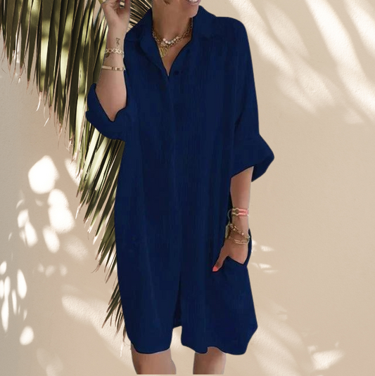 NIMA Eenvoudige knoop turn kraag blouse jurk