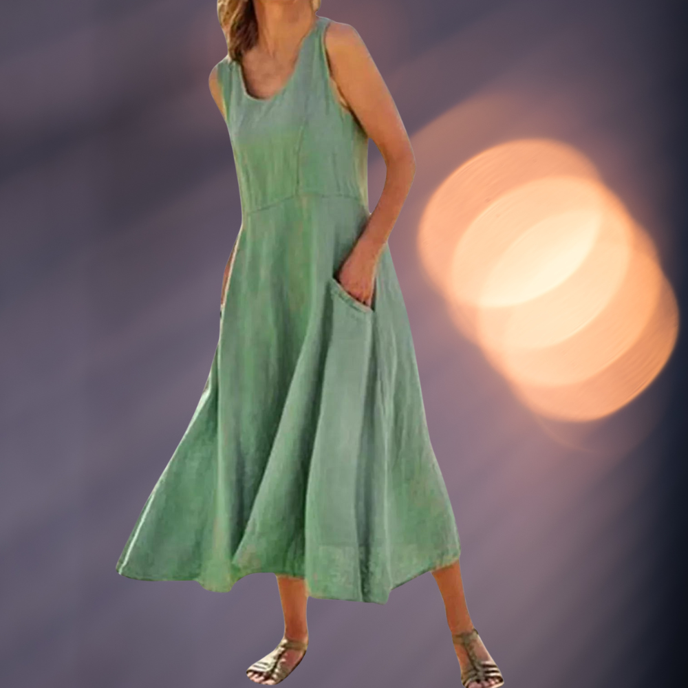 NIMA elegant lined linen dress Whiteh round neckline