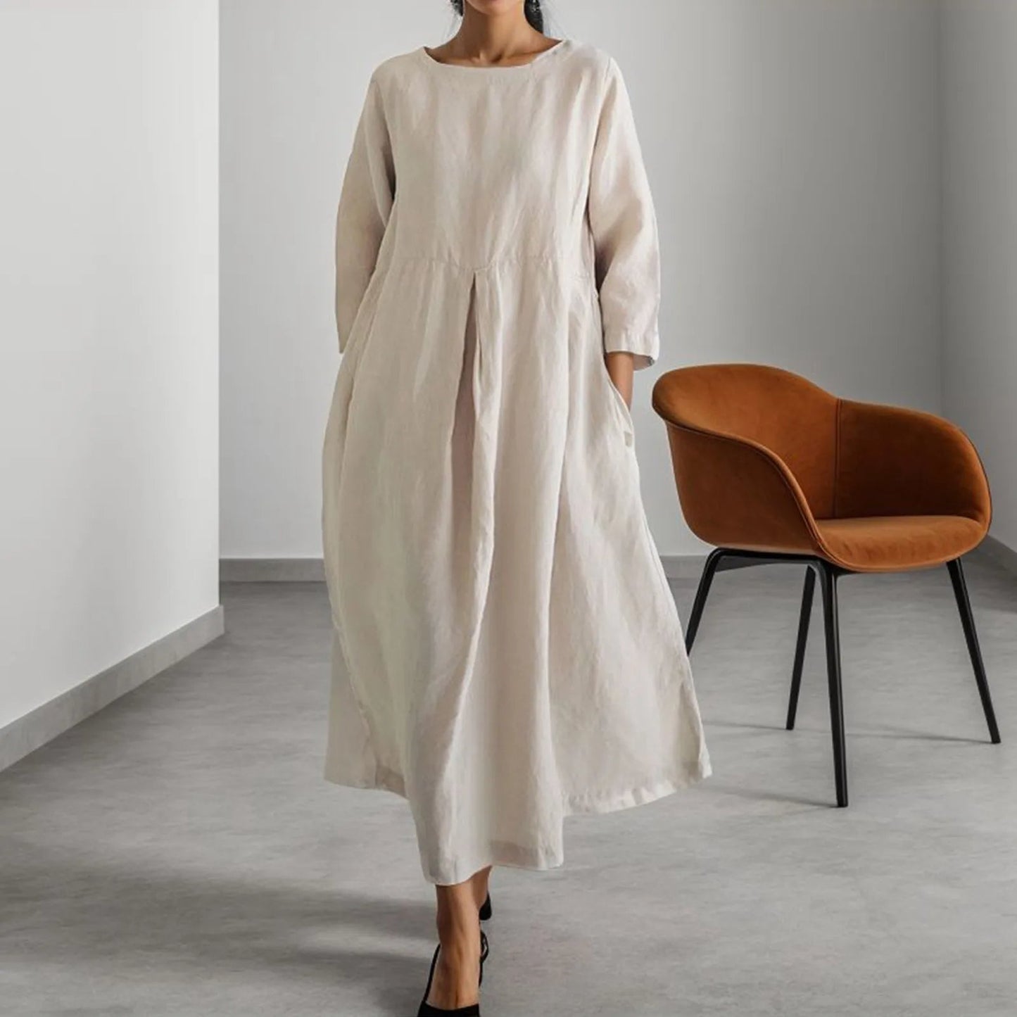 NIMA green simple linen dress Whiteh round neckline