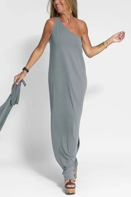 NIMA Elegante effen jurk met één schouder