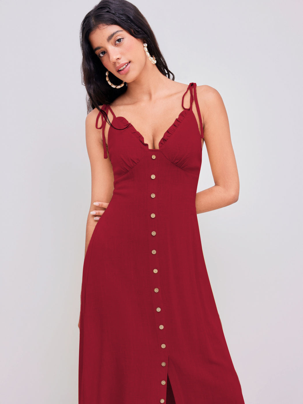 NIMA Casual elegante rode maxi jurk met knopen
