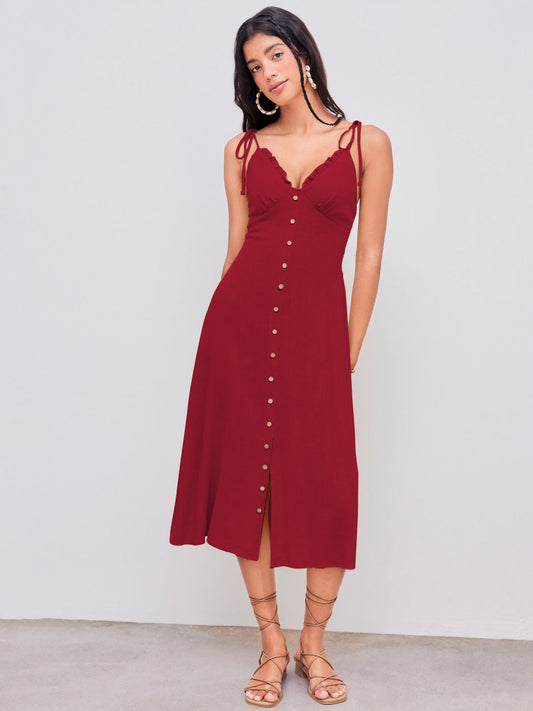 NIMA Casual elegante rode maxi jurk met knopen