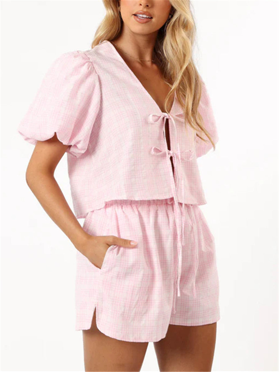 NIMA Blouse en broek set met V-hals en pofmouwen met V-hals en pofmouw