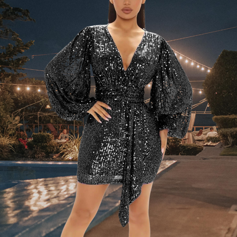 NIMA Groene v-hals comfortabele riem met fleece glitterjurk