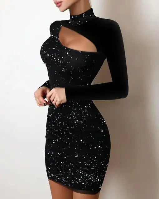 Zwarte smalle glitterjurk met ronde hals