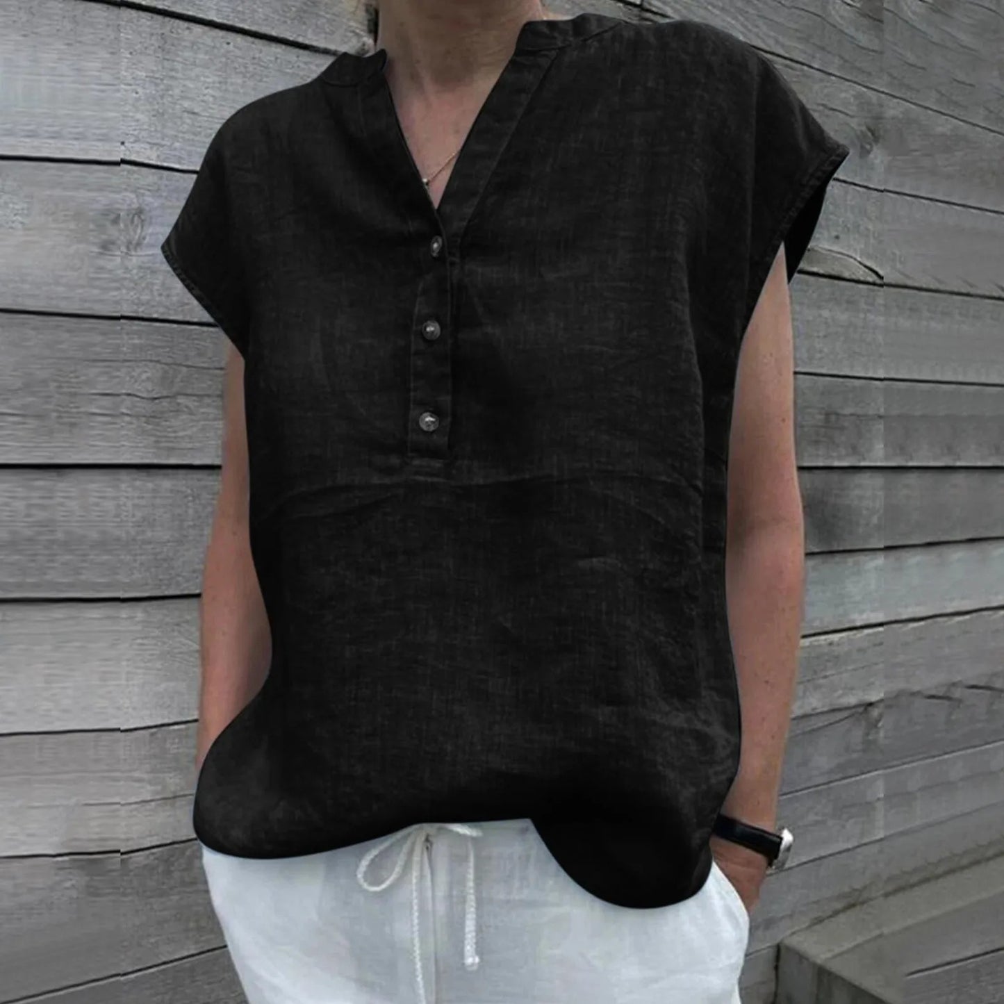 NIMA witte staande kraag knoop linnen dames blouse