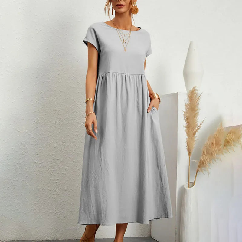NIMA elegant comfortable linen dress with round neckline