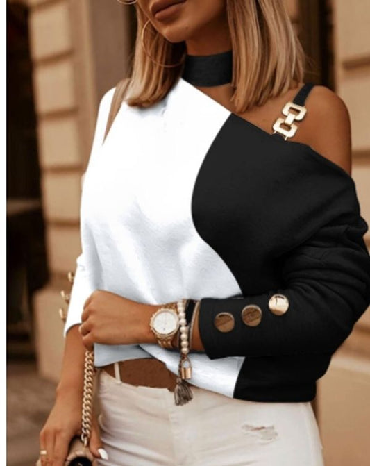 NIMA Kleurblok Koude Schouder Ketting Dames shirt met lange mouwen