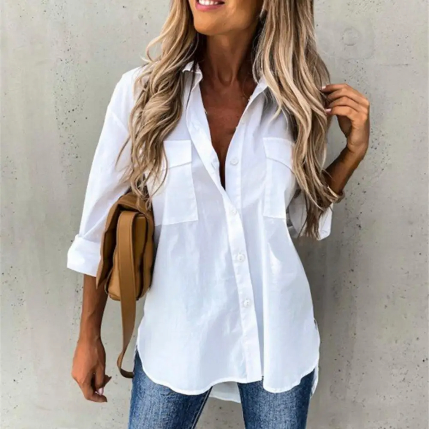 NIMA zakelijke stijl zwarte knoop lange zomer blouse