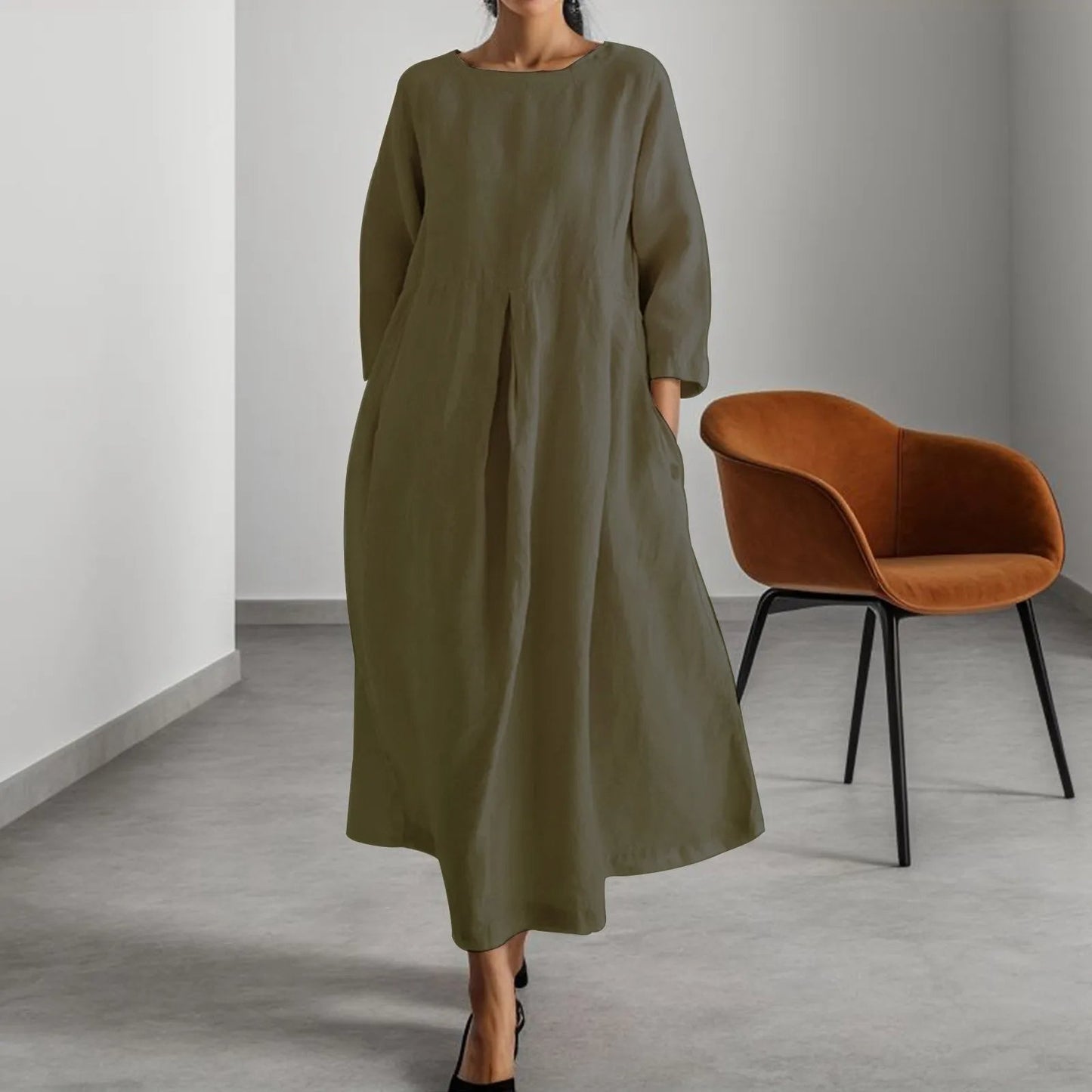 NIMA green simple linen dress Whiteh round neckline