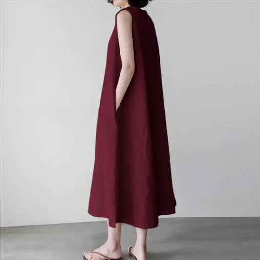 NIMA Elegante blauwe linnen jurk met ronde hals