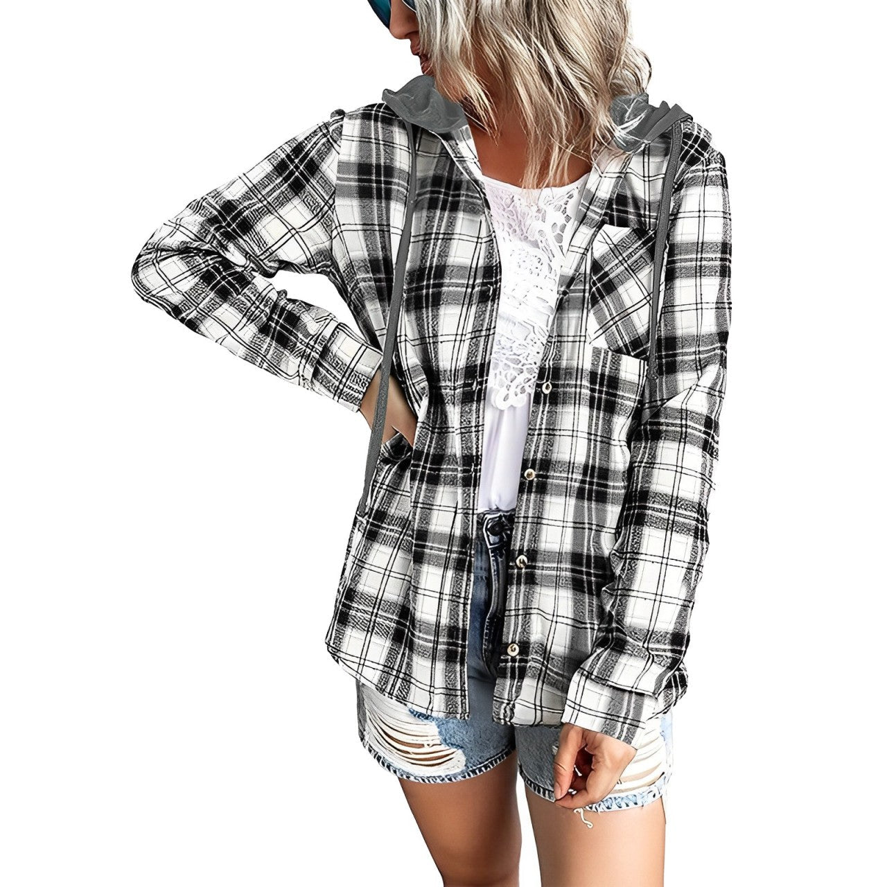 Nina - checkered jacket with hood and drawstring