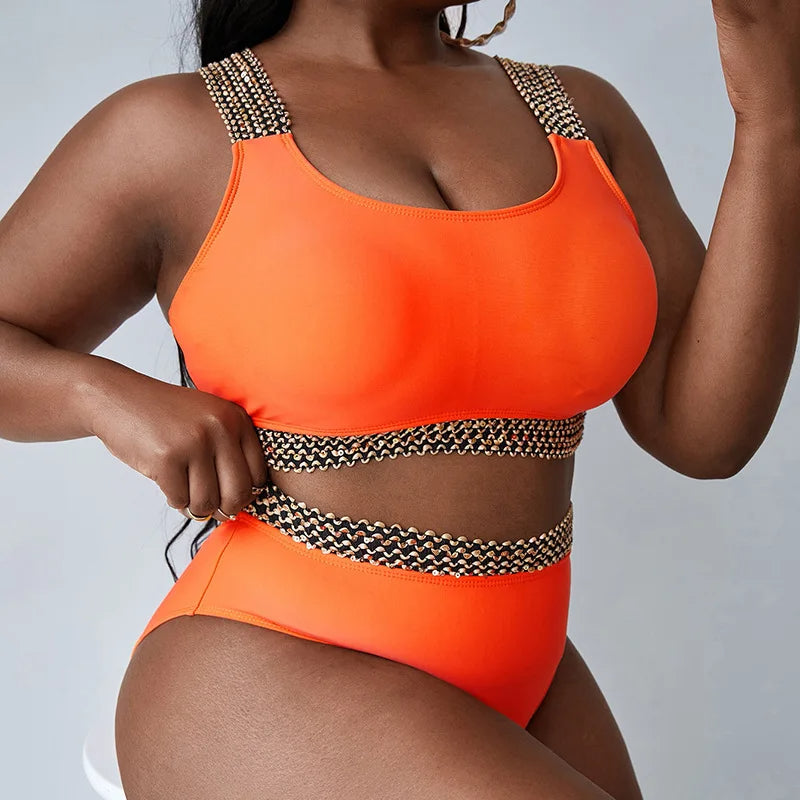 NIMA elegante oranje contrasterende patchwork bikini grote maten