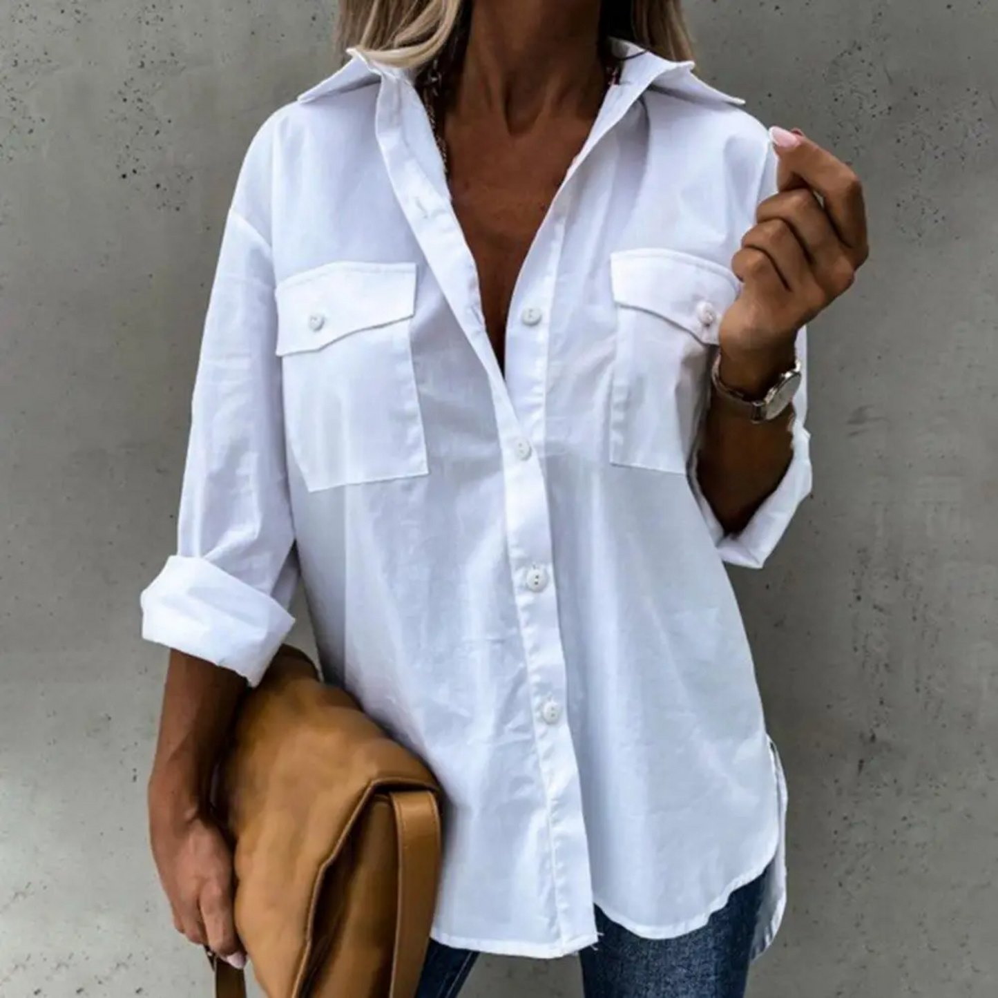 NIMA zakelijke stijl zwarte knoop lange zomer blouse