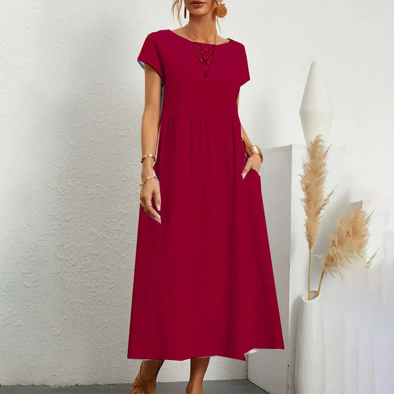 NIMA elegant comfortable linen dress Whiteh round neckline