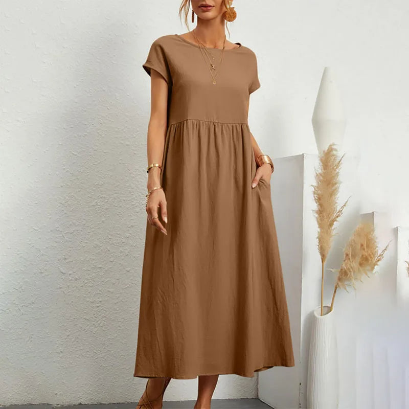 NIMA elegant comfortable linen dress with round neckline