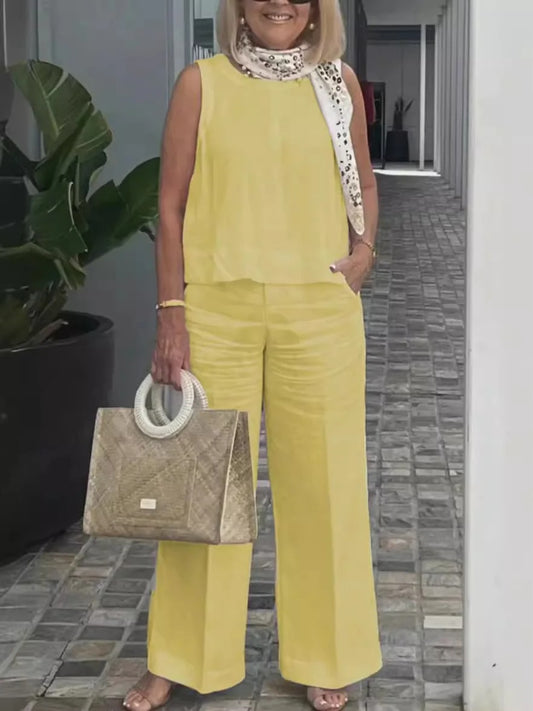 NIMA mouwloze effen kleuren wijde pijpen blouse en broek set