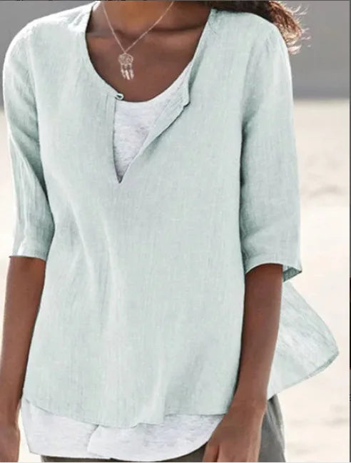 NIMA elegante witte o hals linnen dames blouse