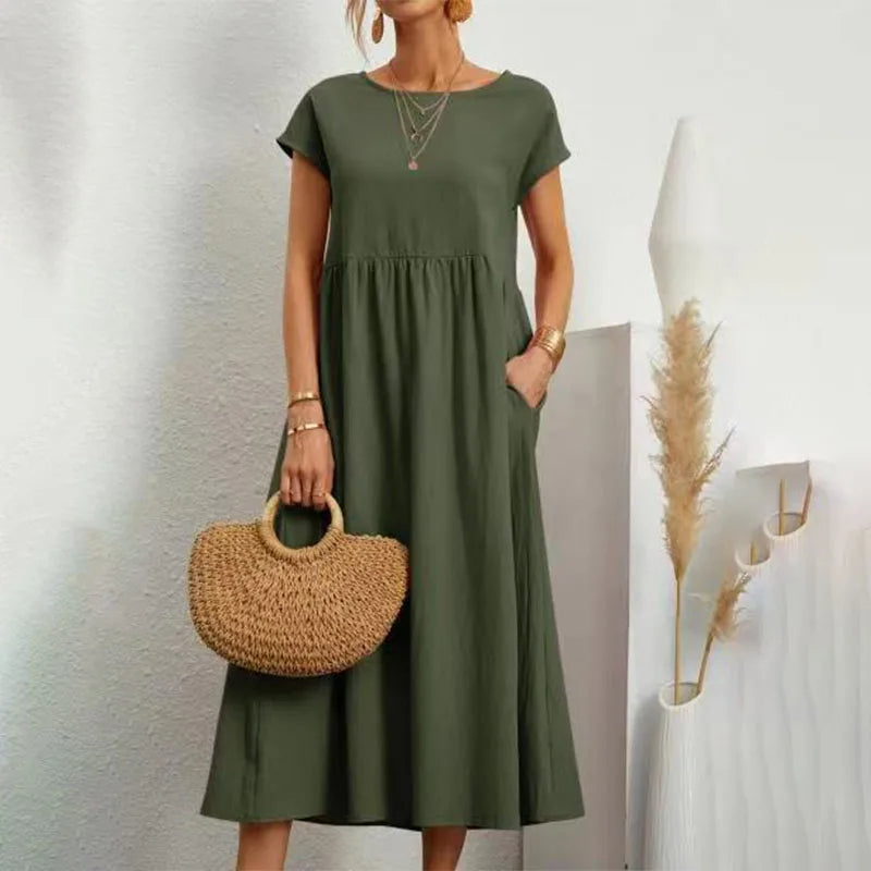 NIMA elegant comfortable linen dress with round neckline