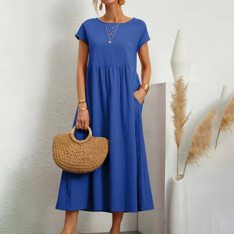 NIMA elegant comfortable linen dress with round neckline