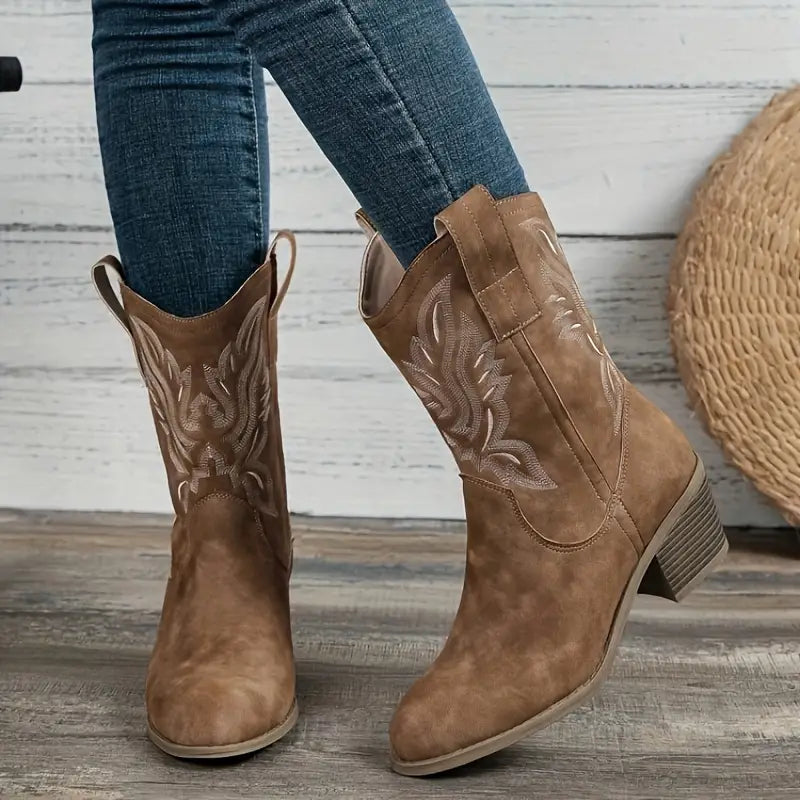 Women's denim cowboy boots with block heel – striking western look