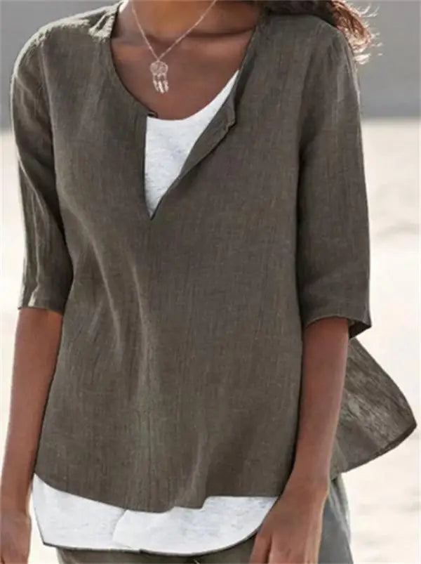 NIMA elegante witte o hals linnen dames blouse