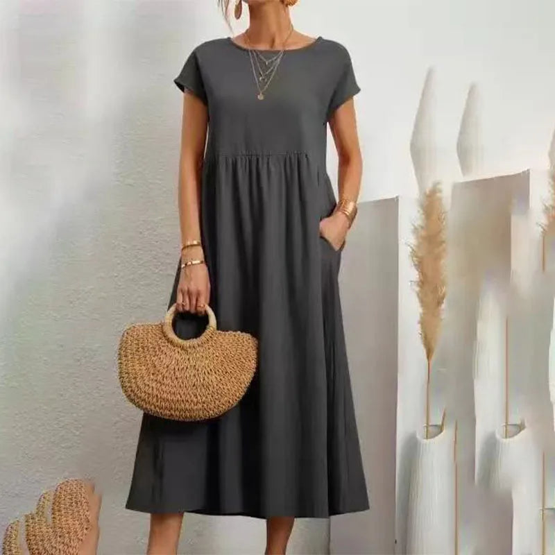 NIMA elegant comfortable linen dress with round neckline