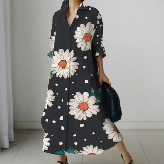 NIMA Elegante zwarte blouse jurk met bloemenprint en draaikraag
