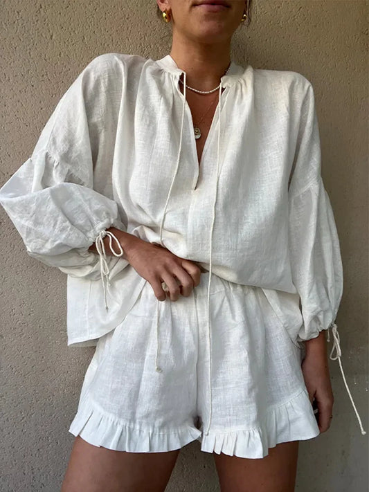 NIMA Witte blouse en broek set met lange mouwen met V-hals