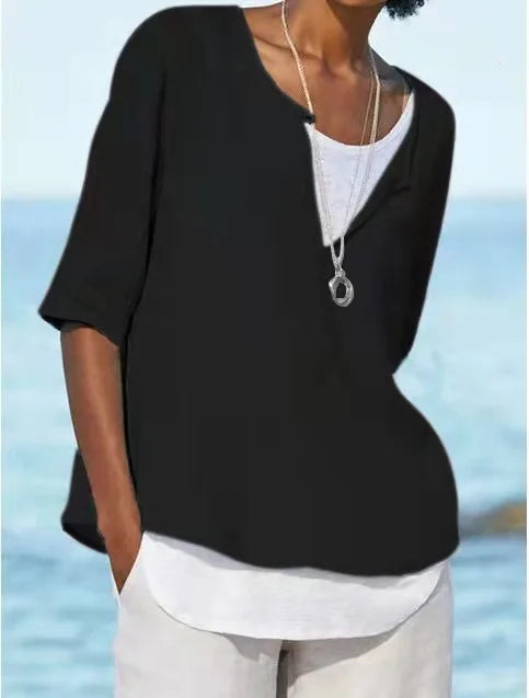 NIMA elegante witte o hals linnen dames blouse