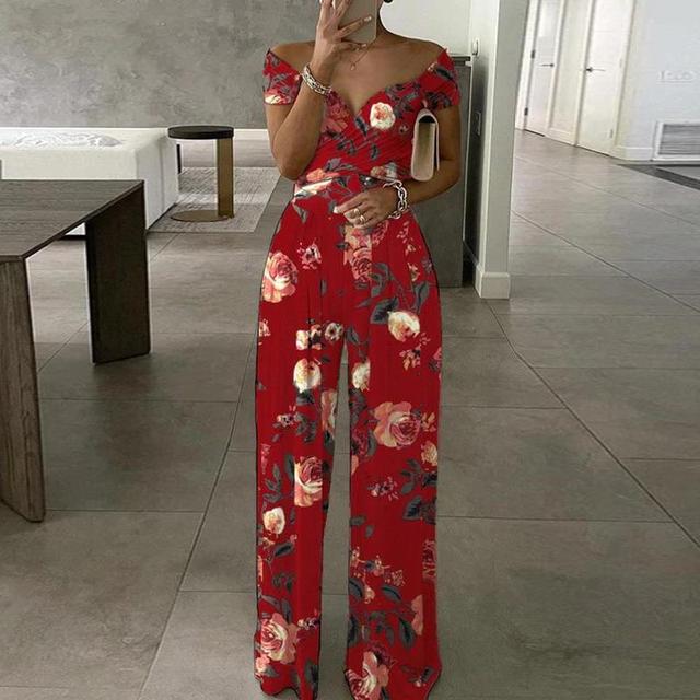 NIMA Maxi jumpsuit print off-shoulder v-hals