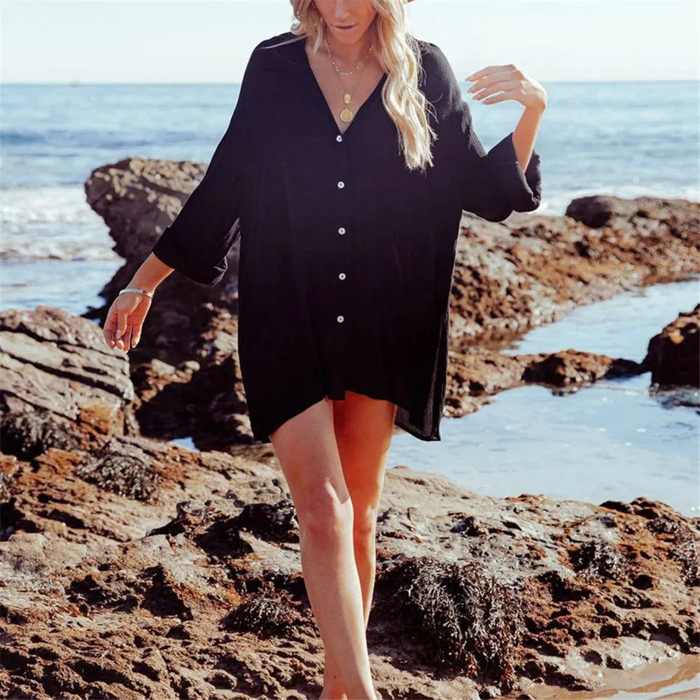 NIMA zwarte knoop revers comfortabele lange zomer blouse