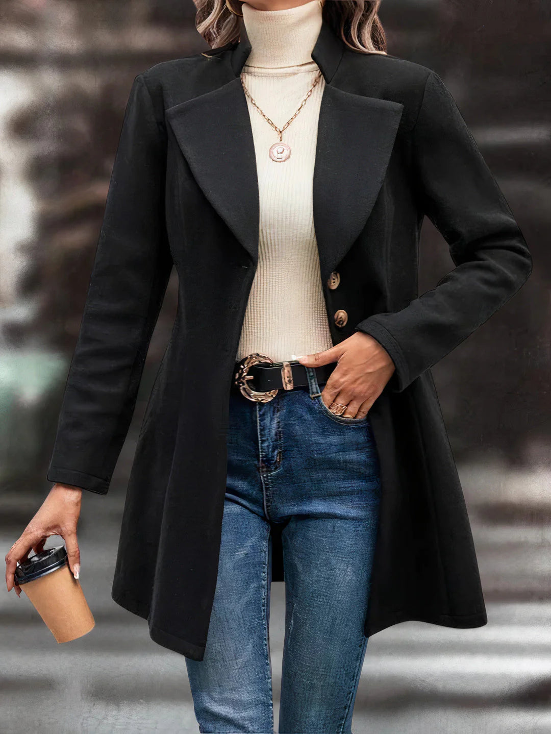 Women's mid-length longline coat with lapel collar – elegant transitional coat