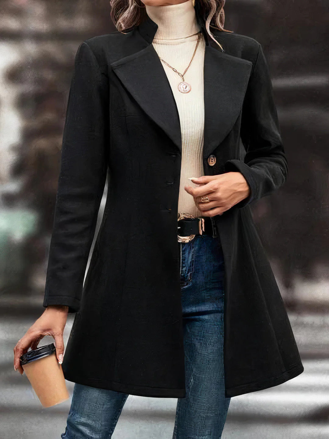 Women's mid-length longline coat with lapel collar – elegant transitional coat