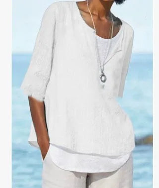 NIMA elegante witte o hals linnen dames blouse