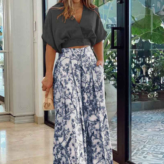 NIMA effen crop top bloemenprint blouse en broek set