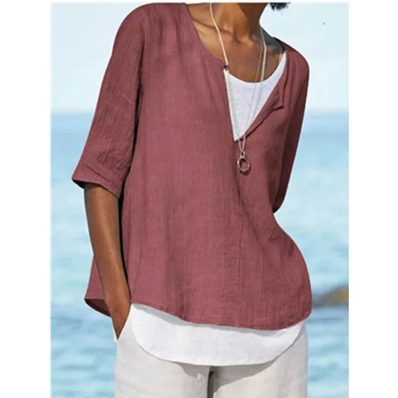 NIMA elegante witte o hals linnen dames blouse