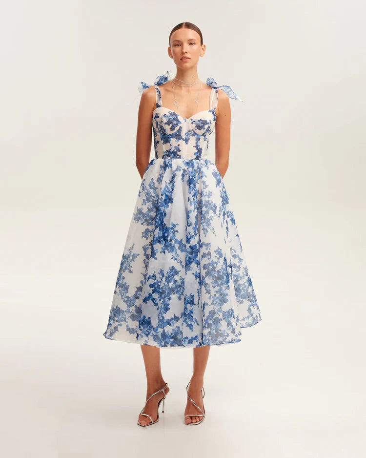 NIMA Blauwe organza midi jurk met hortensiamotief