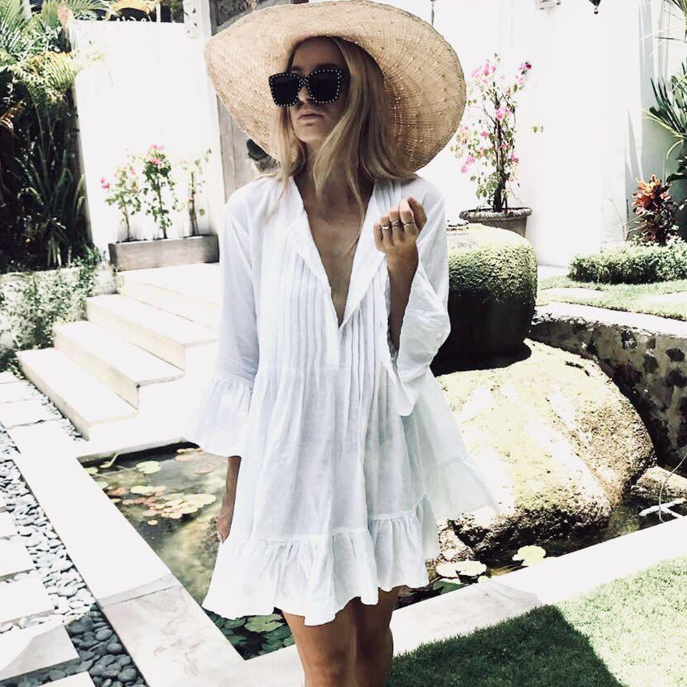 NIMA witte gevoerde lange zomer blouse met ronde hals