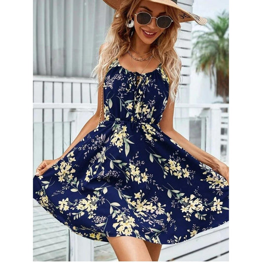 NIMA Bruine polkadot-print V-hals gespsluiting zomerjurk